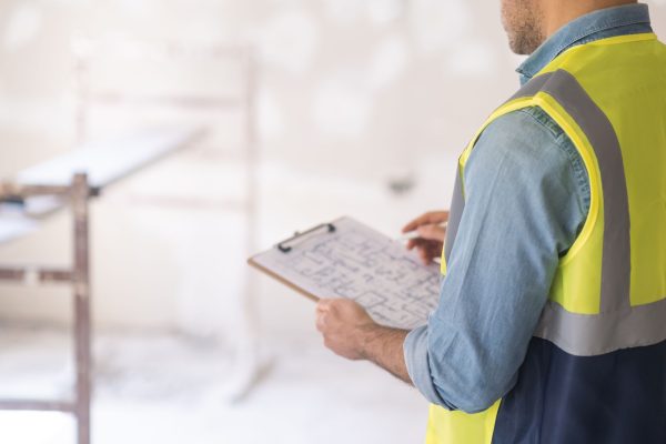 Professional architect studying project drawing of house renovation Professional architect studying project drawing of house renovation holding clipboard in hands man in vest standing in premise in process of reconstruction